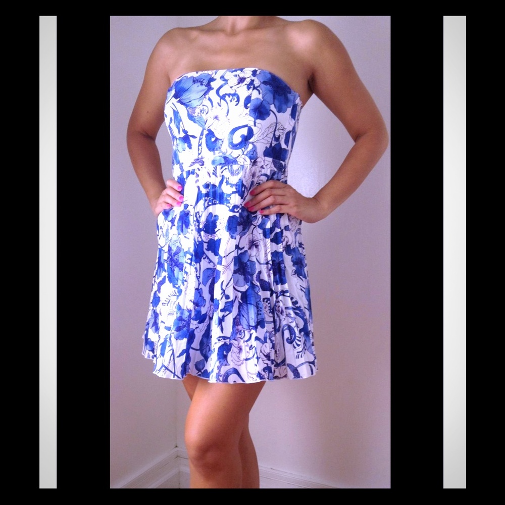 H&M blue/white strapless dress with pleated skirt. NWT